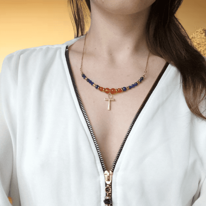 Collier croix de vie Lapis-lazuli & Cornaline